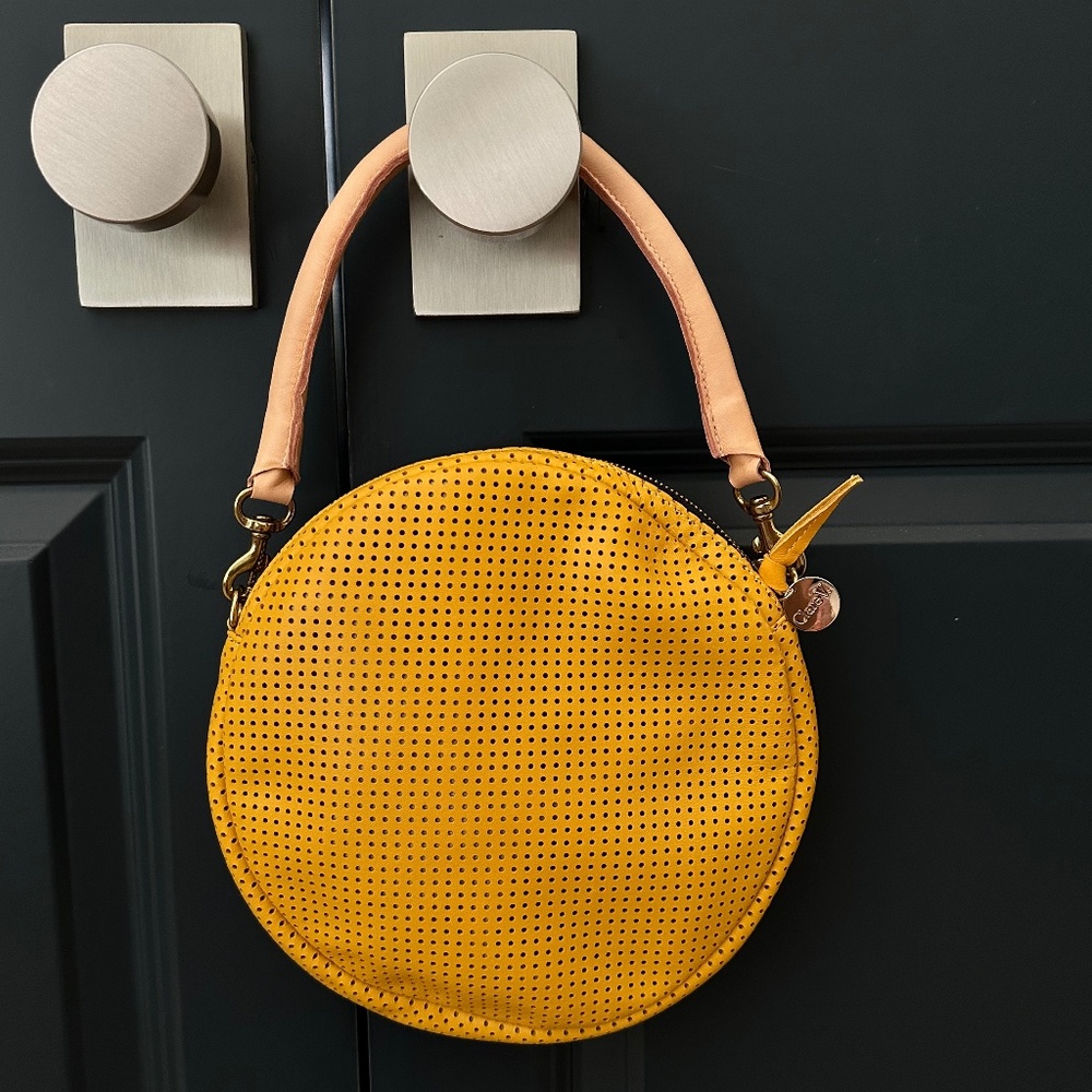 Clare V Yellow Mustard perforated circle bag purse clutch wristlet